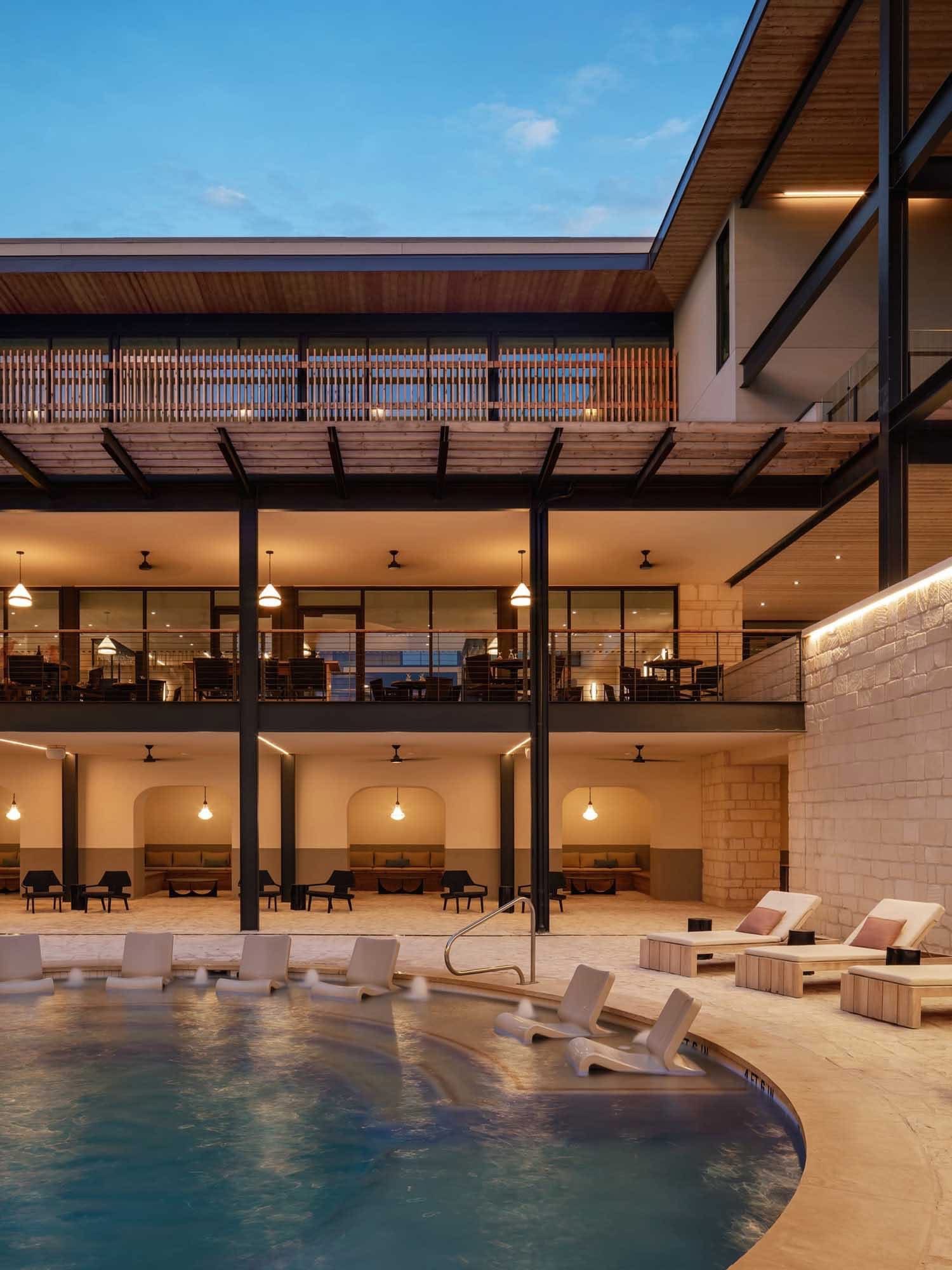 Albert Hotel pool courtyard at dusk, Fredericksburg